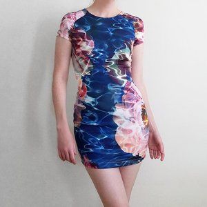 Bebe Floral Water Graphic Body Con Mini Dress